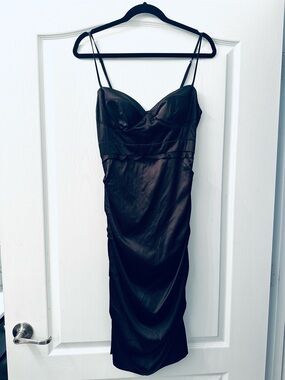 Rubber Ducky Productions, Inc. Black Satin Strapless Ruched Cocktail Dress L